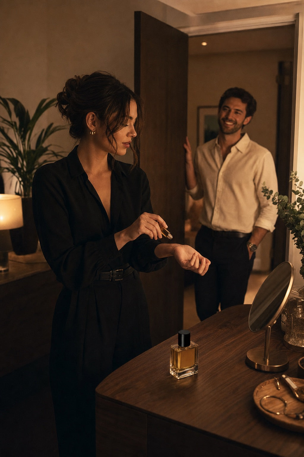 A couple preparing for dinner with a golden perfume oil