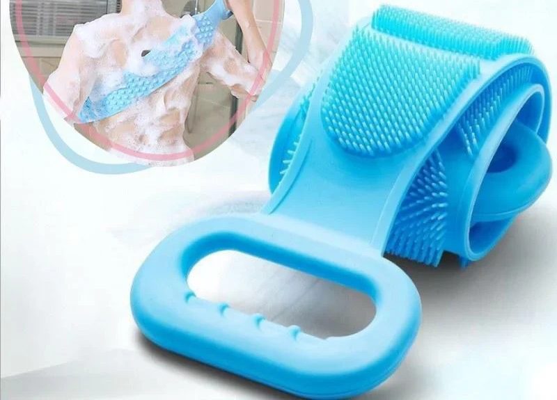 Blue silicone back scrubber shown folded to reveal its flexible construction