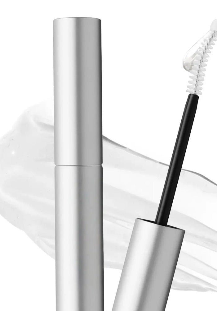 Silver eyelash serum tube and curved applicator