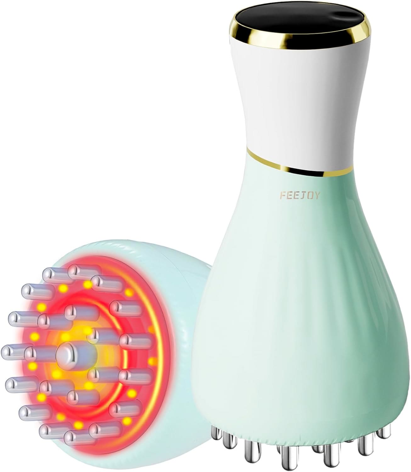Handheld massager shown upright beside its illuminated contact head