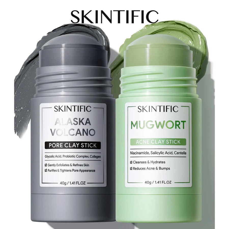 Gray Alaska Volcano and green Mugwort SKINTIFIC clay sticks with their product benefits