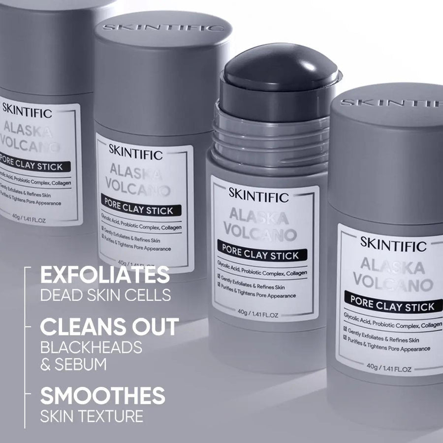 Alaska Volcano clay stick highlighting exfoliation, blackhead and sebum cleansing, and smoother skin texture