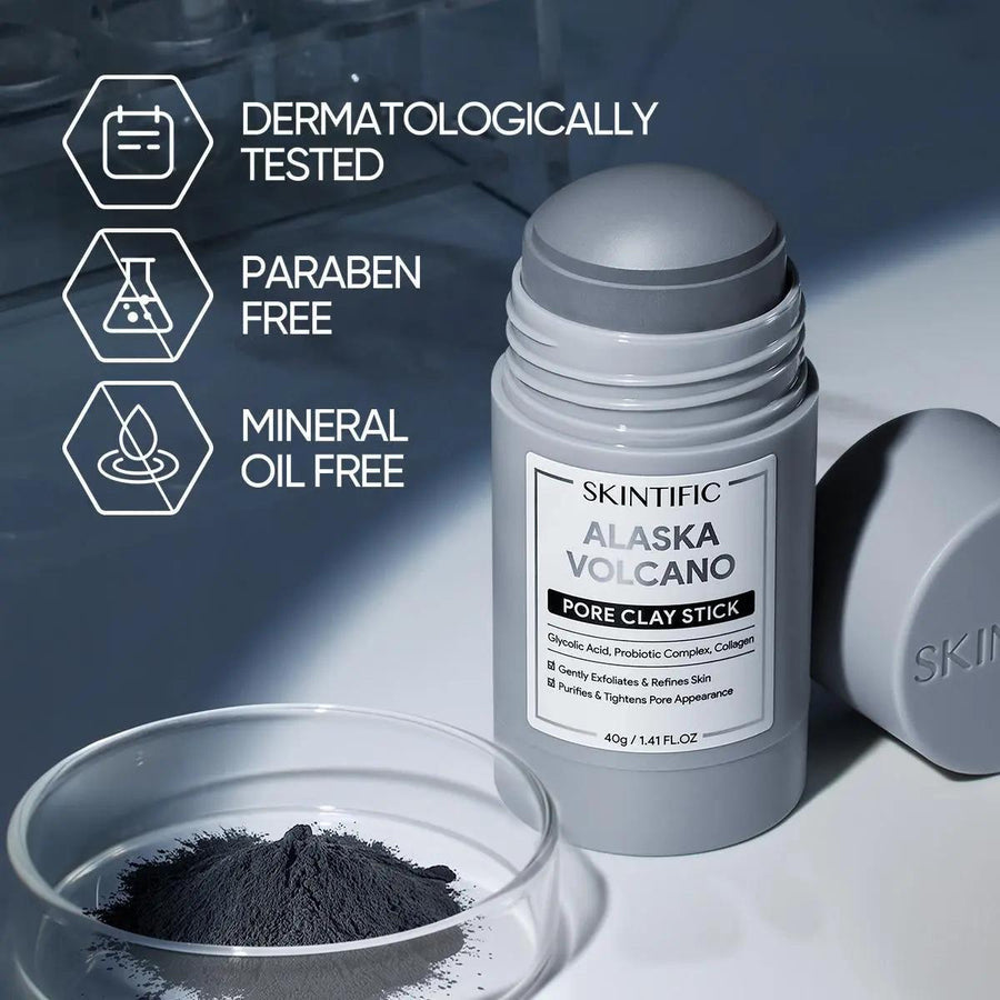 Alaska Volcano clay stick labeled dermatologically tested, paraben free, and mineral oil free