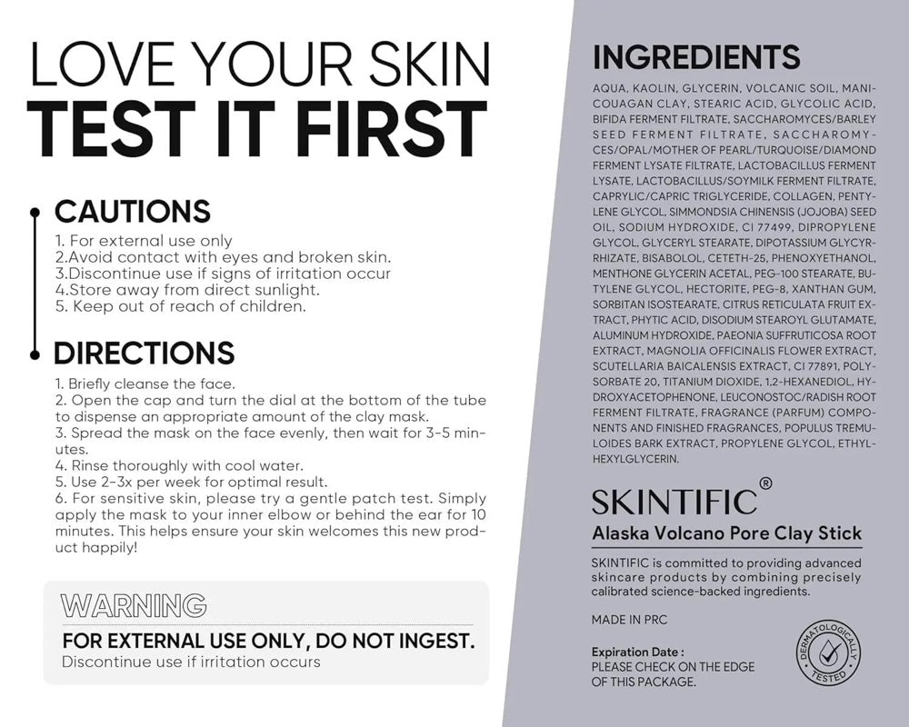 SKINTIFIC Alaska Volcano directions, cautions, and ingredient label