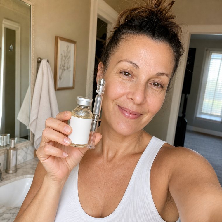 Buyer holding Ai Lotus ampoule in bathroom