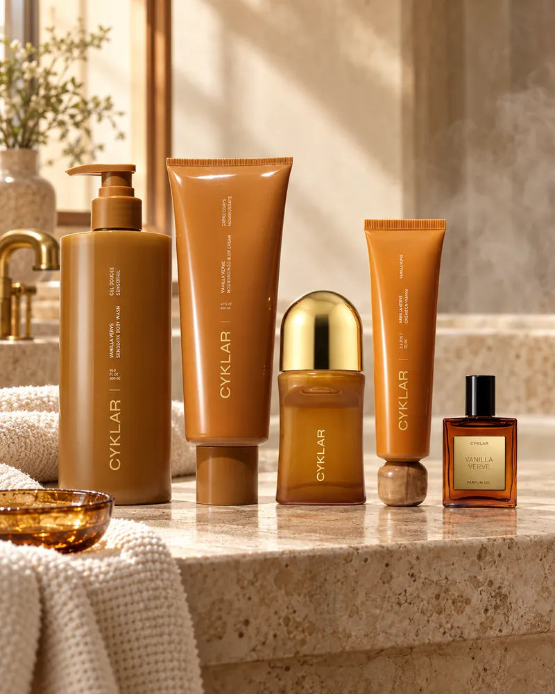 Five warm amber body care products styled on a bathroom vanity