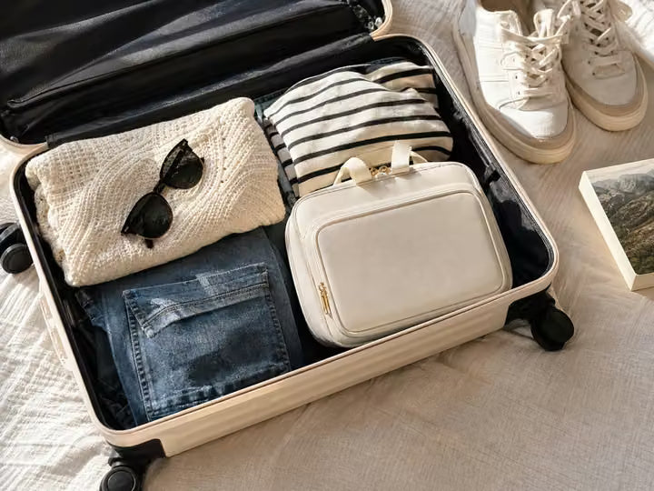 Cream beauty organizer packed neatly inside a carry-on