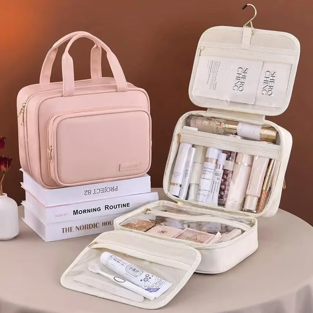 Cream hanging beauty organizer displayed open and closed