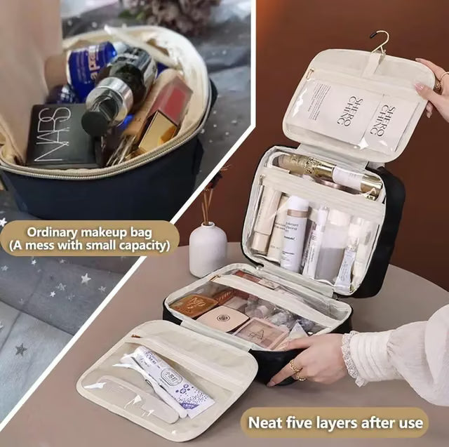 Comparison of a cluttered makeup pouch and the organized transparent layers of the hanging beauty bag