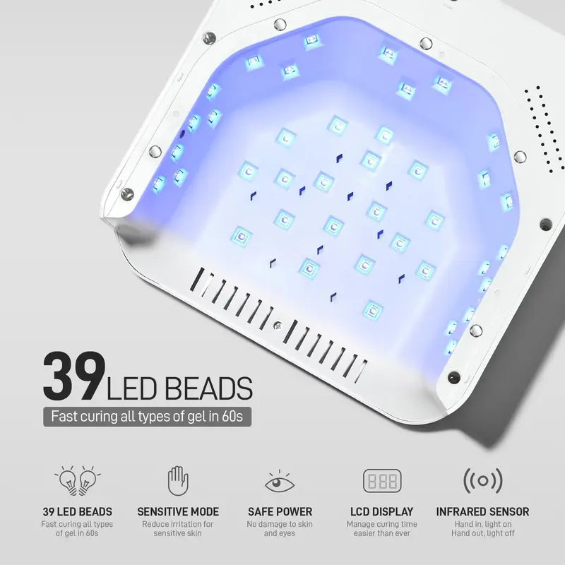 Interior view showing the nail lamp LED array and sensor details