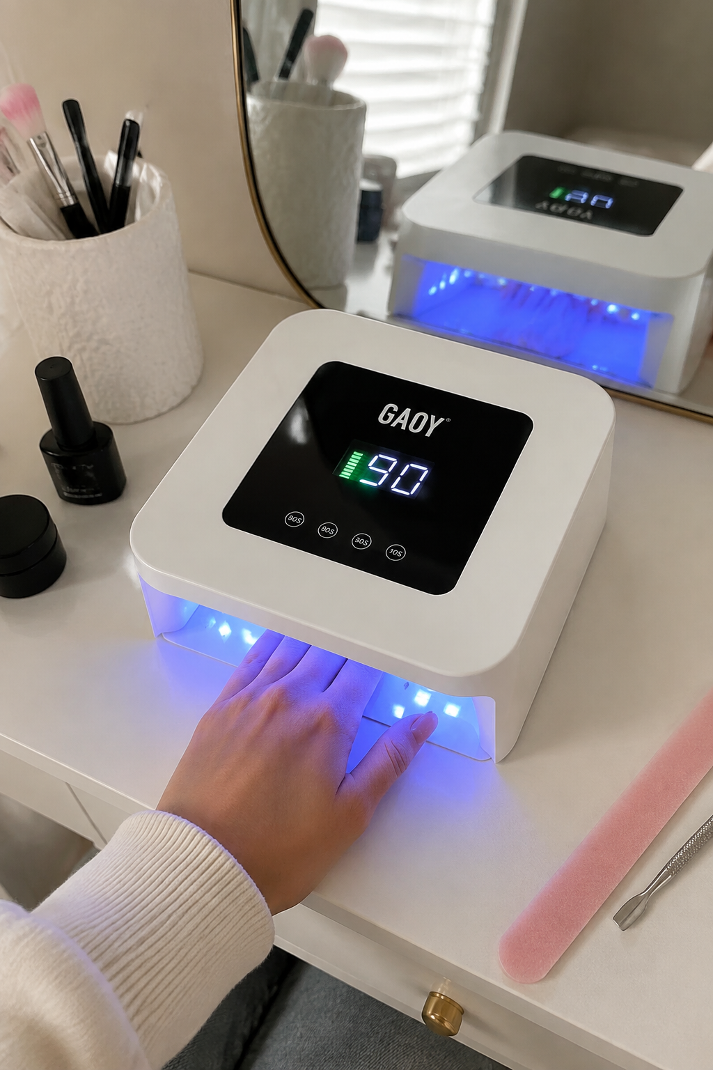UGC-style home manicure scene with the White GAOY cordless nail lamp
