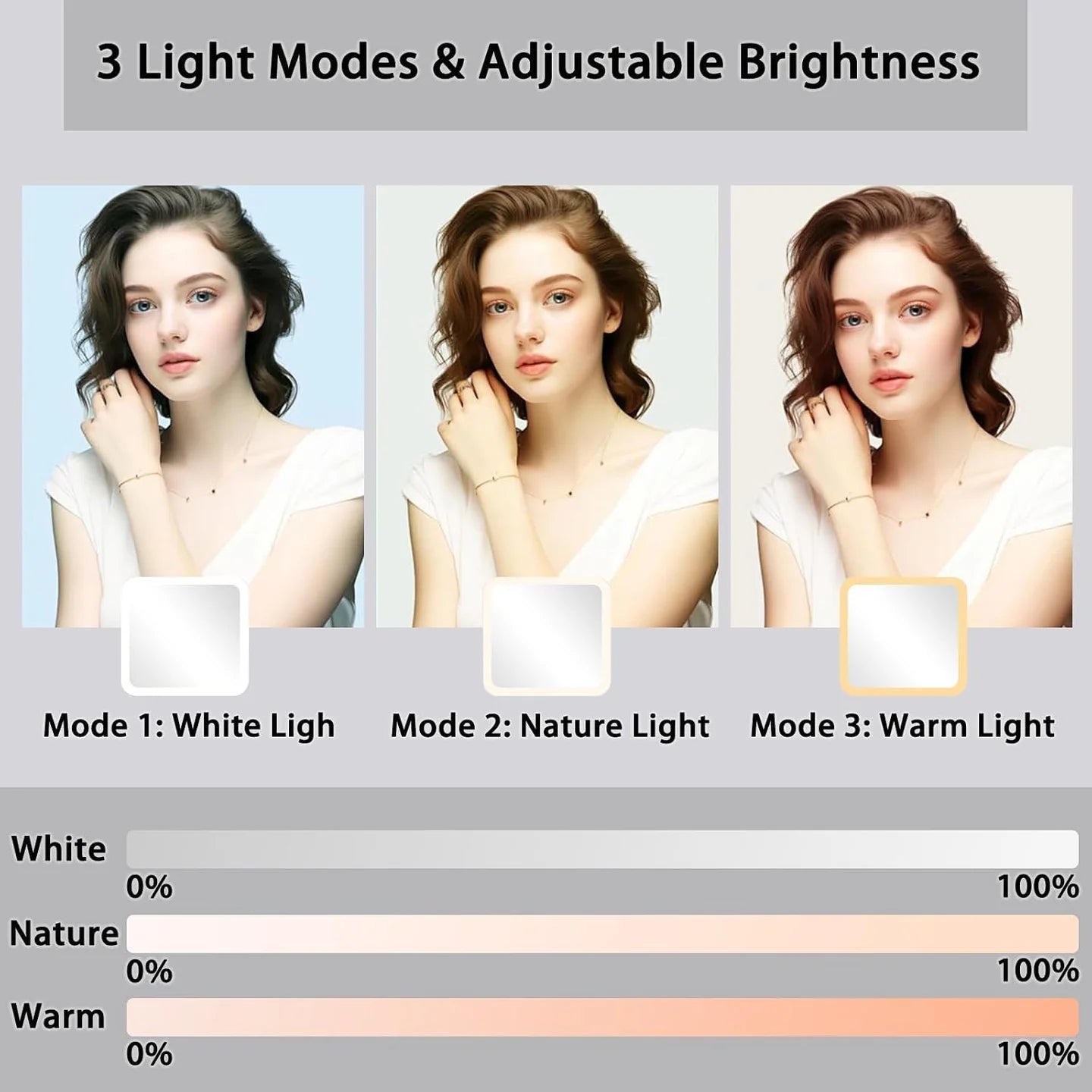 Diagram comparing cool, natural and warm mirror light with adjustable brightness
