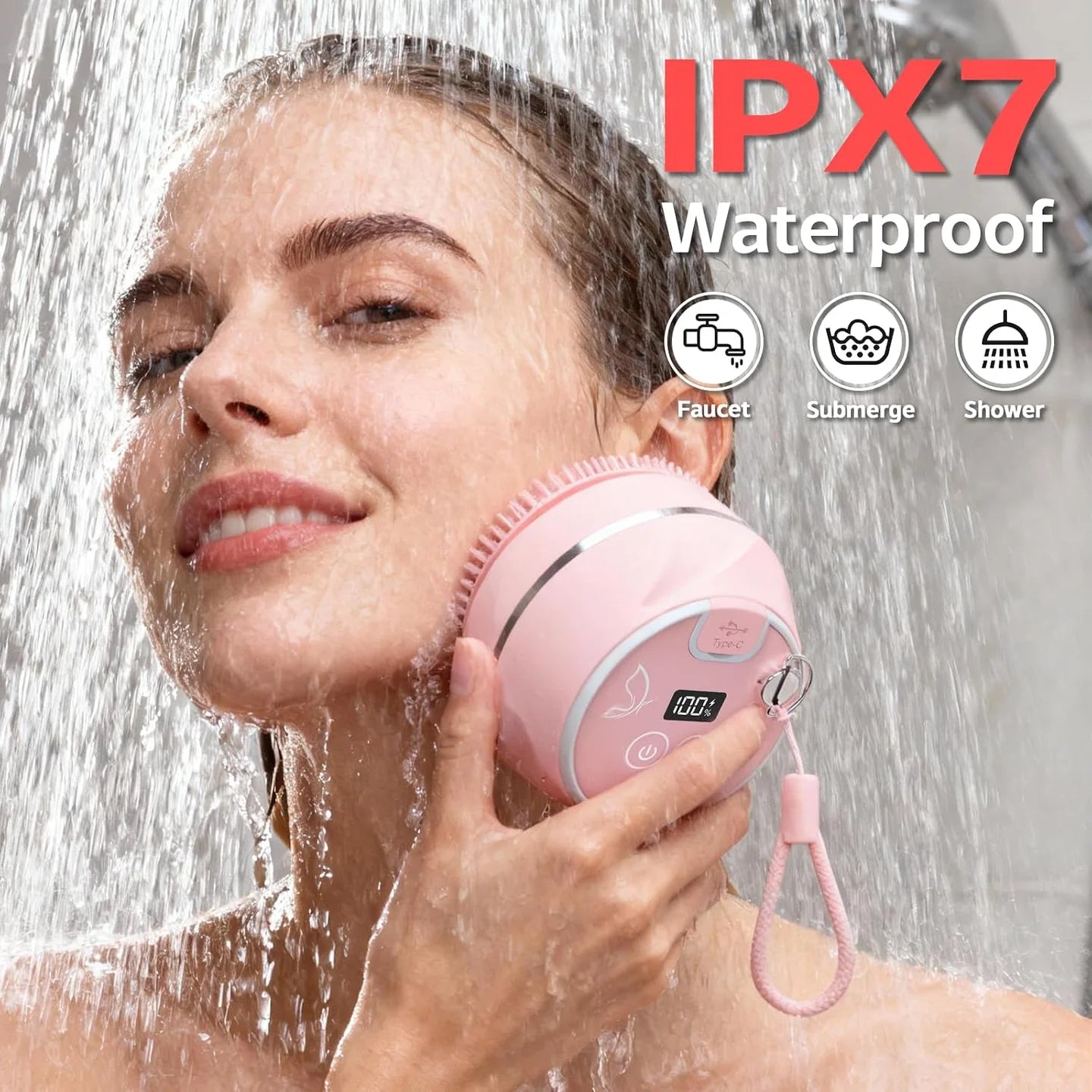 Pink silicone facial cleansing brush being used gently on wet skin in the shower
